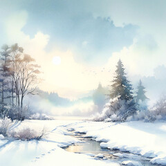 Watercolor painting design with a snowy morning landscape emerges tranquil beauty