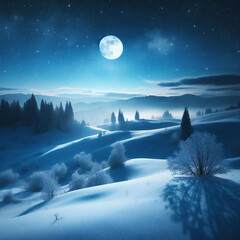 Snowy silhouette of the landscape is accentuated by the starry night sky