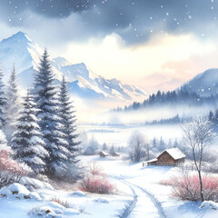 Artist skillfully depicts snowy beauty using watercolor techniques to create a picturesque winter wonderland