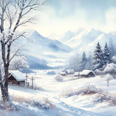 Watercolor illustration bathes the snowy landscape in the soft glow of morning light