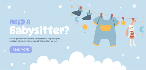 Babysitter advertising poster. Clothes at rope at background of sky with clouds. Care about kids and children. Landing page design. Graphic element for website. Cartoon flat vector illustration - obrazy, fototapety, plakaty