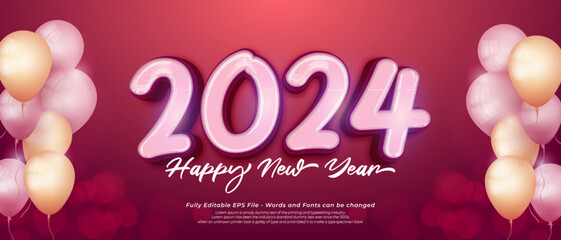 Happy new year 2024 with editable number three dimension text style 1