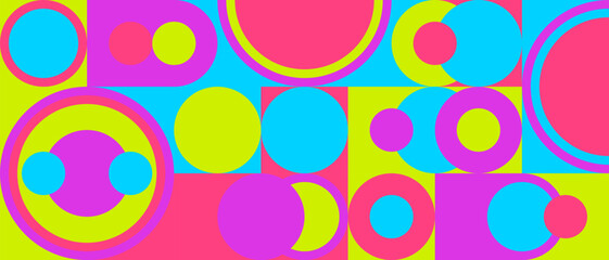 Neon seamless pattern of geometric shapes to create packaging, textiles or wallpaper, trend of the year. Multi-colored bright background in the style of the 70s and 60s with mosaic patterns.