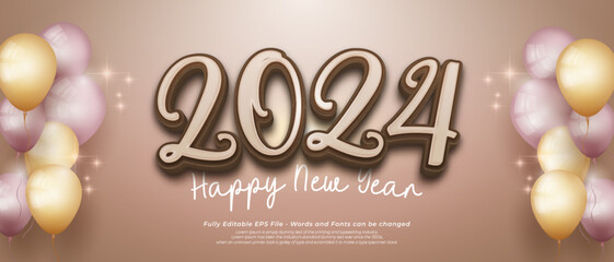 Happy new year 2024 with editable number three dimension text style
