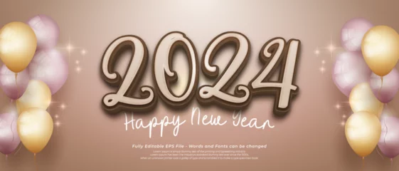 Fotobehang Happy new year 2024 with editable number three dimension text style © GatotkacaArt