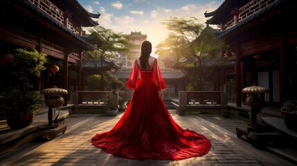 beautiful woman glamour red dress walking in stuning asian landscape and garden rear view fashion...