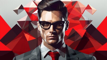 graphic of headshot businessman storng accent contrast colour with triangle shape element compound business smart leadership ideas with businessman portrait background