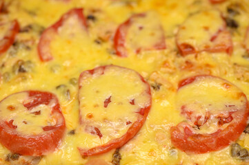 freshly baked pizza with cheese, tomatoes and chicken fillet 2