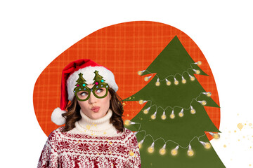Artwork collage of excited dreamy lady enjoying christmas spirit mood isolated drawing background