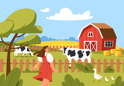 Countryside scene concept. Woman near fence with cows and goses at background of barn with haystacks. Rural village and farm. Spring and supper landscape. Cartoon flat vector illustration
