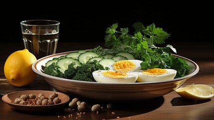 Boiled eggs and ingredients for a healthy diet with fresh cucumber, lemon and herbs on a wooden table. Nutrition for the keto diet