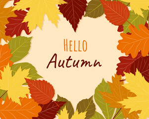 Hello autumn postcard. Red, green and orange leaves with place for text. Fall season plants. Wild life and flora. Floristry and botany. Poster or banner. Cartoon flat vector illustration