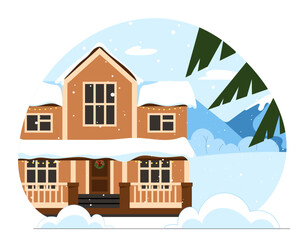 House exterior in winter. Home with snowcape. Private property and real estate. Winter season scene. Christmas and New Year. Cartoon flat vector illustration isolated on white background