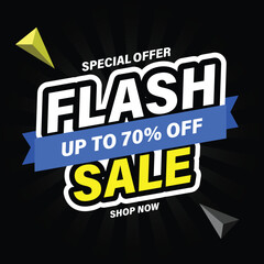 Naklejka na ściany i meble Flash Sale Shopping Poster or banner with Flash icon and 3D text on black background. Flash Sales 70% Off template design for social media and website. Special Offer Grand Sale campaign or promotion.