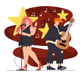 Indie music concept. Woman singer with mic and man guitarist with guitar. Musical band, artists perform at scene and stage. Cartoon flat vector illustration isolated on white background