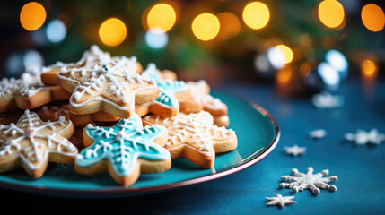 Christmas cookies on a plate against a blue background