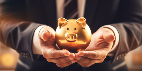 Close up of businessman holding bright golden piggy bank, Save money for future, Money and financial well being concept, generative ai - obrazy, fototapety, plakaty