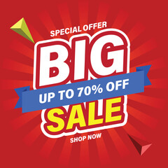 Big Sale Shopping Poster or banner with Flash icon and 3D text on red background. Flash Sales 70% Off template design for social media and website. Special Offer Grand Sale campaign or promotion.