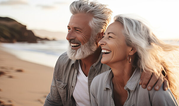 A portrait of an older couple with grey hair having fun and laughing on a beach