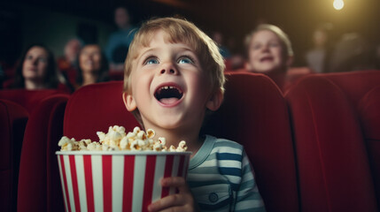 Wide view of a little kid eating popcorn and enjoying a movie while sitting in cinema theater