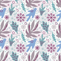A pattern with winter leaves and snowflakes. Soft, pastel colors. Texture, lines, ovals. Blue, Gray, Purple. Brush pen. For textiles. wrapping paper, etc.