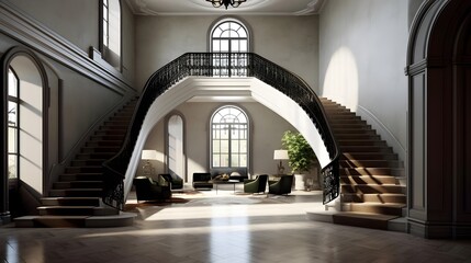 Panoramic view of the interior of an old building with a staircase