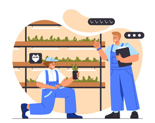 Racks for microgreen concept. Man and woman in uniform with seeds and plants in containers. Care about greenery inside greenhouse. Gardening and agriculture. Cartoon flat vector illustration