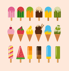 ice cream set. Variety of ice cream cones and popsicles.