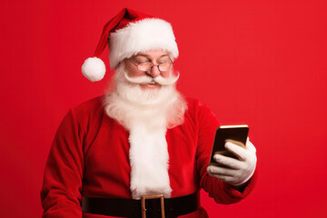 Happy Santa Claus Holding a Smartphone on Red Background and Reading Something