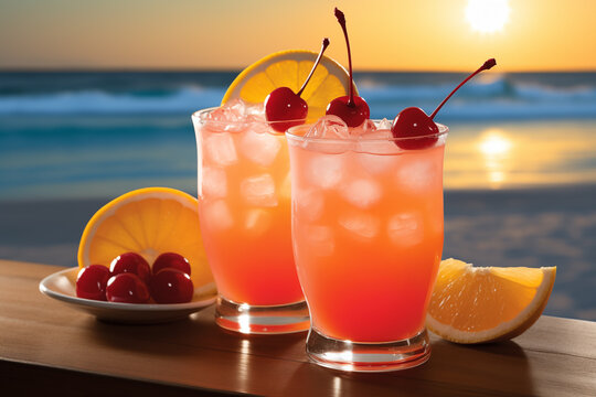 Image of classical cocktail Sex on the Beach on tropical ocean background. Concept of summer and beachside vacation. AI generated content.