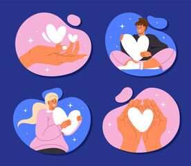 Self love set. Self confidence and acceptance. Positive emotions and feelings. Women with big white hearts. Mental health and psychology. Cartoon flat vector collection isolated on blue background