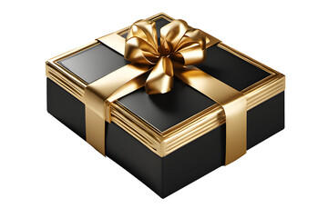 Schwarze Geschenkbox mit goldener Schleife Hochglanz auf transparentem Hintergrund