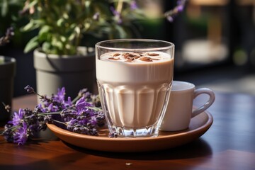 coffee and milk drink made from frothed milk with the addition of nuts and lavender syrup. 