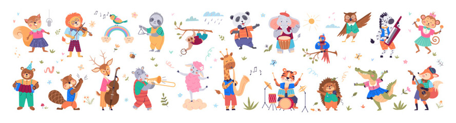 Musical animals collection. Cute cartoon music character. Musical animals set. Animal music band play jazz on sound instrument. Childish party orchestra. Funny kid dance poster celebration background © robu_s