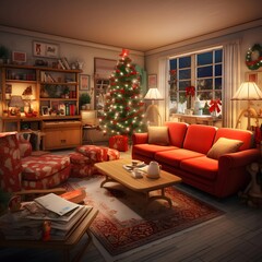 Christmas living room with Christmas tree and presents. 3d rendering.