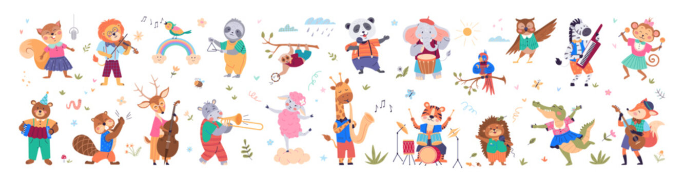 Naklejki Musical animals collection. Cute cartoon music character. Musical animals set. Animal music band play jazz on sound instrument. Childish party orchestra. Funny kid dance poster celebration background