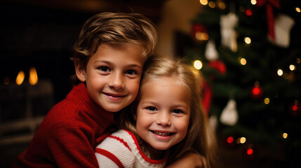 A joyful children, with a decorated Christmas tree and twinkling lights in the background.