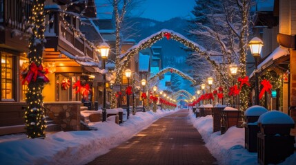 Fototapeta na wymiar Colorado Christmas: Festive Holiday Lights Illuminate Snowy Streets of Vail, Colorado
