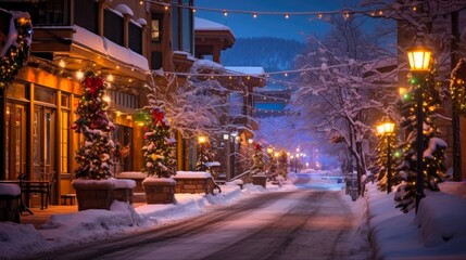 Fototapeta na wymiar Christmas Lights Illuminate Winter Wonderland in Vail, Colorado Town