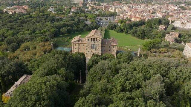 Aerial view of the villa Aldobrandini in the town Frascati, in the metropolitan city of Rome Capital, in the area of Roman Castles, Lazio, Italy. It is a nobility historic palace with a large garden.