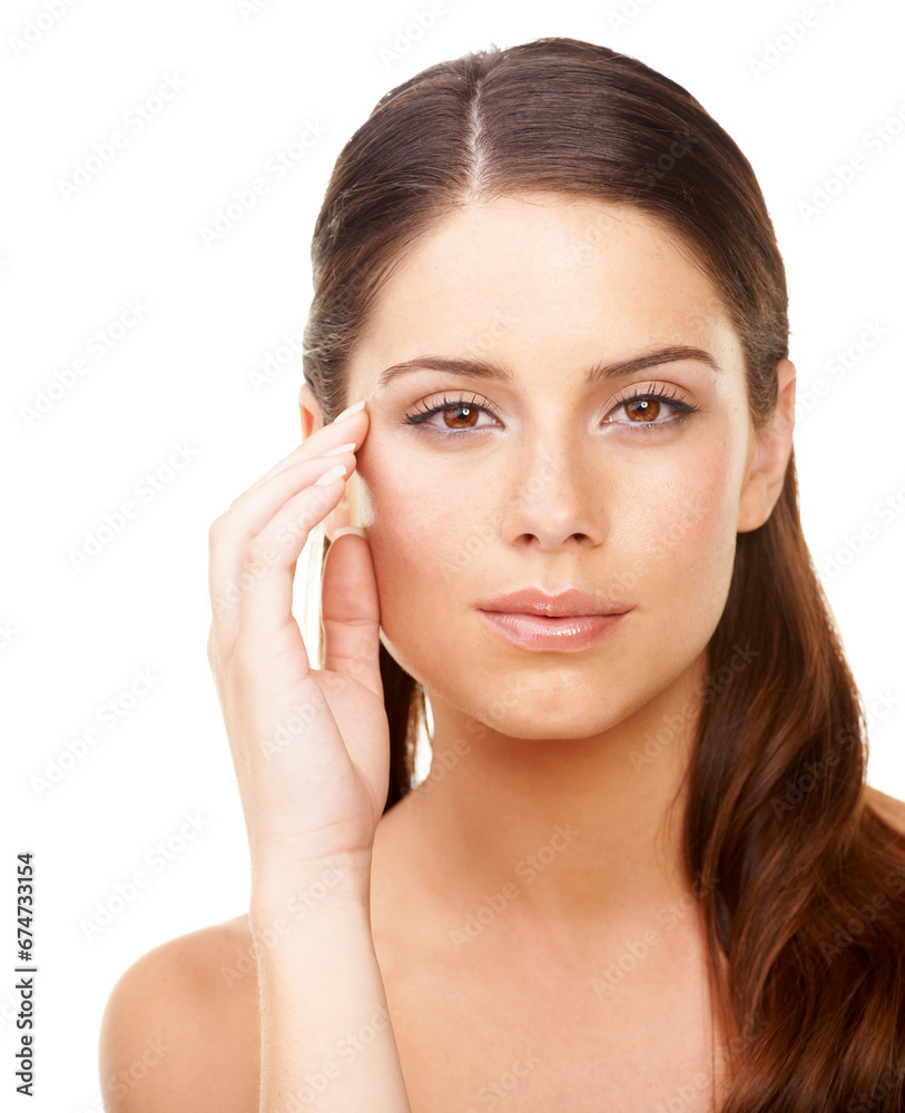 Sticker Portrait, beauty and wellness with a woman in studio isolated on a white background for natural skincare. Face, hand and facial aesthetic cosmetics with a confident young model looking perfect