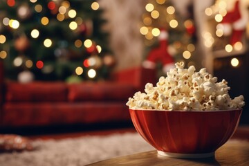 Christmas Tree with Popcorn. Festive Red Bowl of Popcorn for Home Cinema. TV Close-Up. Enjoying Christmas Eve and Movies - obrazy, fototapety, plakaty