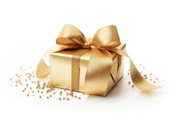 Christmas Trim: Shiny Gold Gift Box with Bow and Ribbon. Festive Holiday Decoration on White Background.