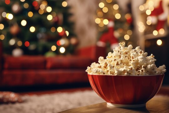 Christmas Tree with Popcorn. Festive Red Bowl of Popcorn for Home Cinema. TV Close-Up. Enjoying Christmas Eve and Movies