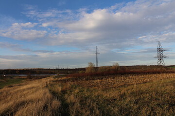 A field with a power line in the distance