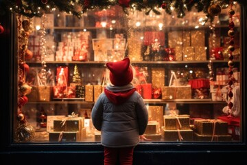 little girl looking through a display window at Christmas decorations and gifts in a store