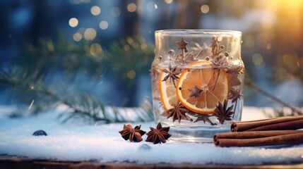 A glass filled with orange slices and cinnamon sticks