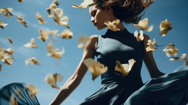 A woman in a black dress is surrounded by butterflies