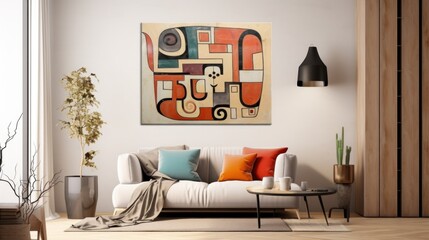 A living room with a couch and a painting on the wall