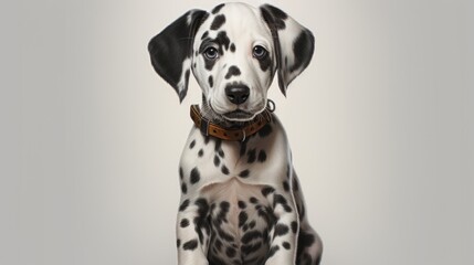 A dalmatian puppy sitting on a white surface
